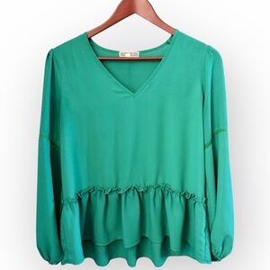 Pleione Small Green V-Neck Peplum Blouse Balloon Sleeve‎